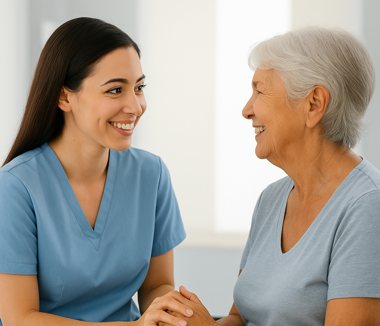 Find Medic Recruitment Connecting Compassion with Care “Diverse healthcare professionals smiling and collaborating in a modern UK hospital, Find Medic Recruitment connecting compassion with care